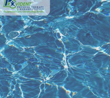 Clear blue water with sunlight reflections, illustrating the benefits of aquatic therapy  Provident Physical Therapy & Rehabilitation logo appears in the top left corner 