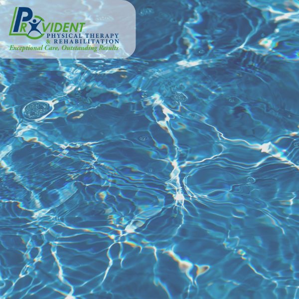Clear blue water with sunlight reflections, illustrating the benefits of aquatic therapy Provident Physical Therapy & Rehabilitation logo appears in the top left corner