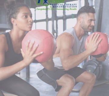 Two people exercise indoors, holding medicine balls while squatting The Provident Physical Therapy & Rehabilitation logo appears at the top of the image