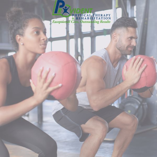 Two people exercise indoors, holding medicine balls while squatting The Provident Physical Therapy & Rehabilitation logo appears at the top of the image
