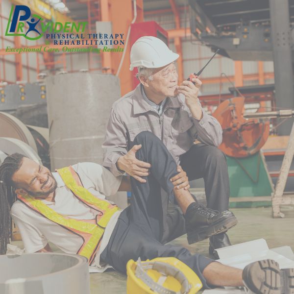 A worker sits on the floor holding his leg in pain while another worker in a hard hat speaks into a walkie talkie at an industrial site 